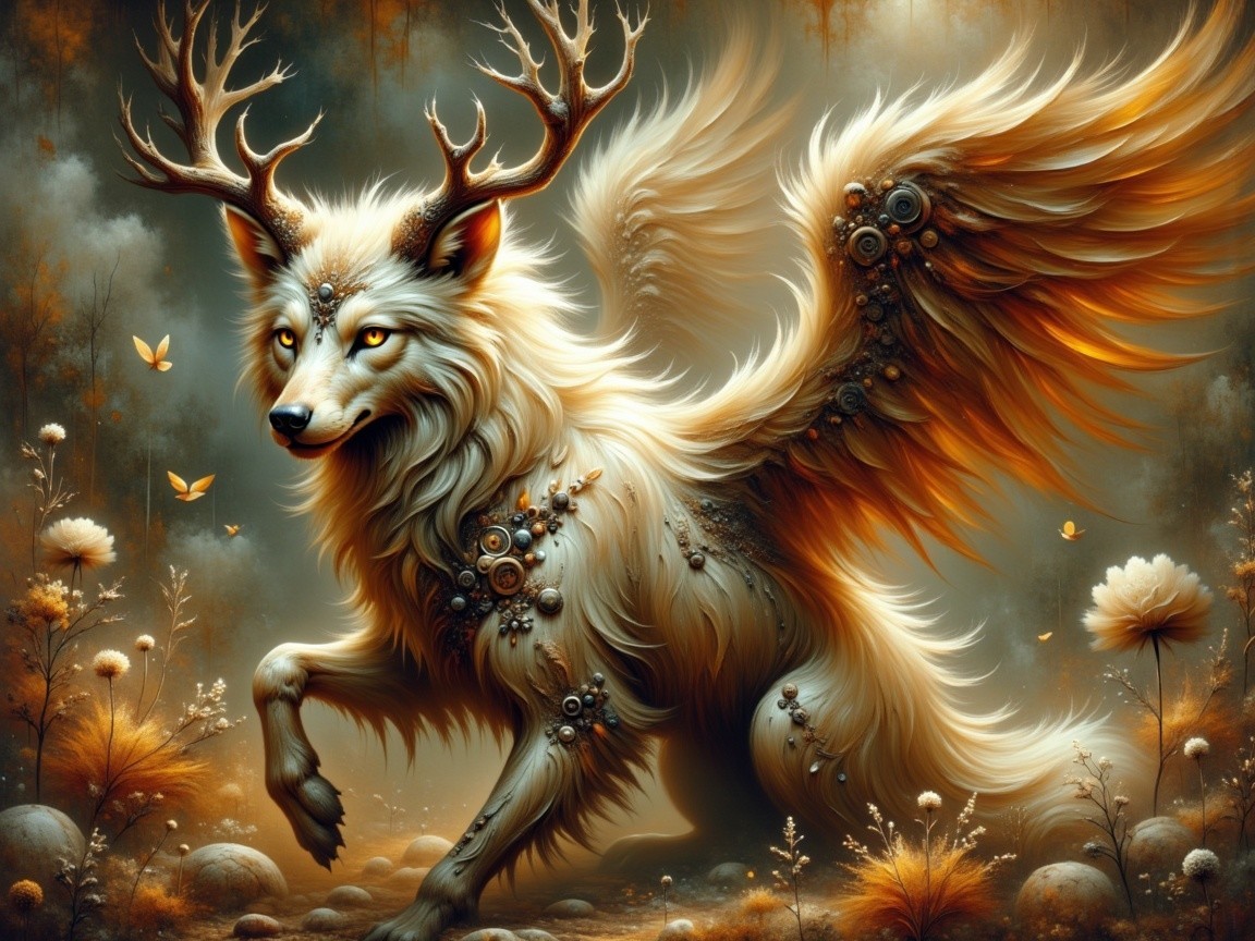 Steampunk Fox-Deer Hybrid with Wings and Flowers