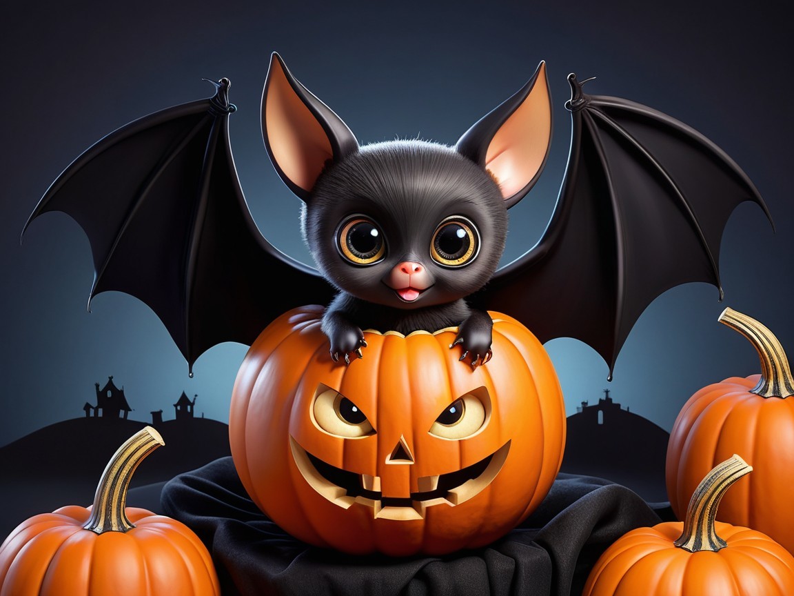 Cartoon Bat on Halloween Pumpkin with Haunted House