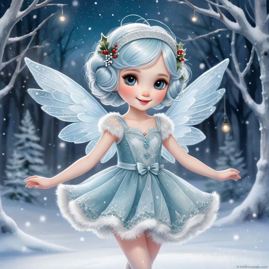 Fairy in Ice-Blue Dress in Snowy Forest Setting