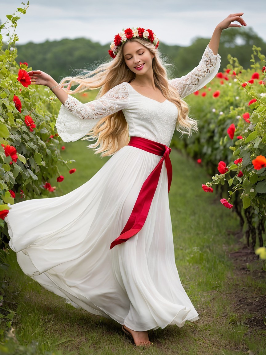 Young Woman in White Gown Twirling in Flower Field