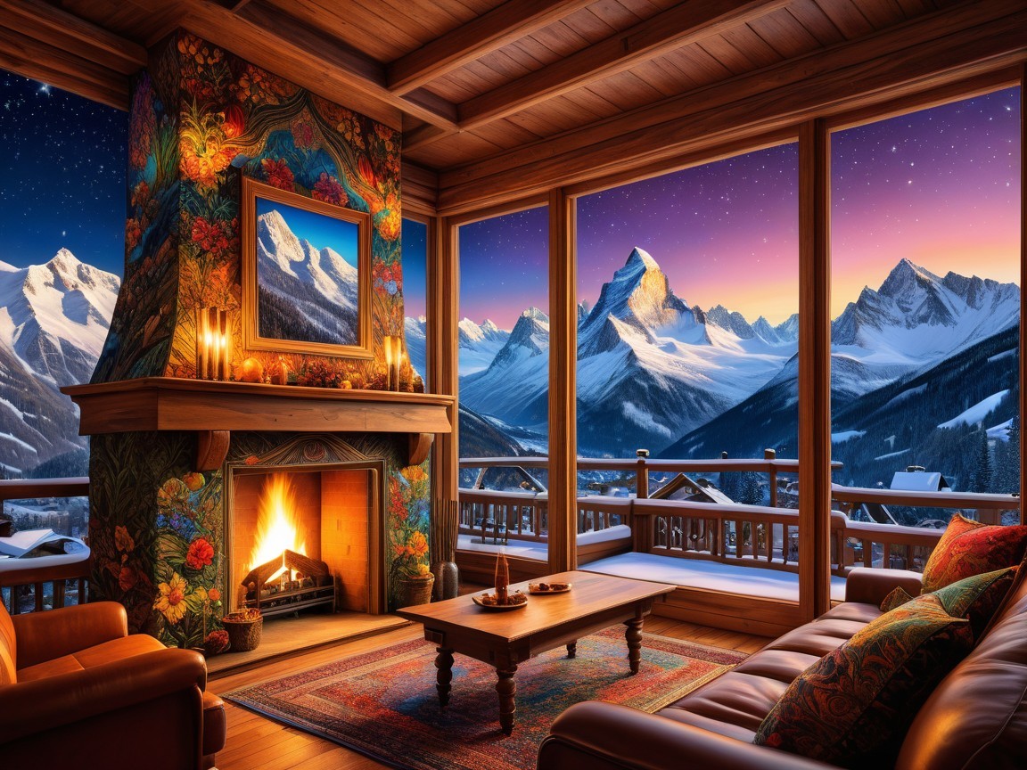 Cozy Cabin Interior with Fireplace and Mountain View