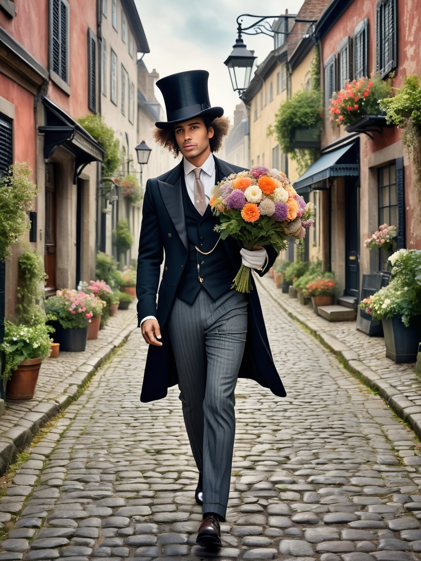 Stylish Man in Classic Attire on Cobblestone Street