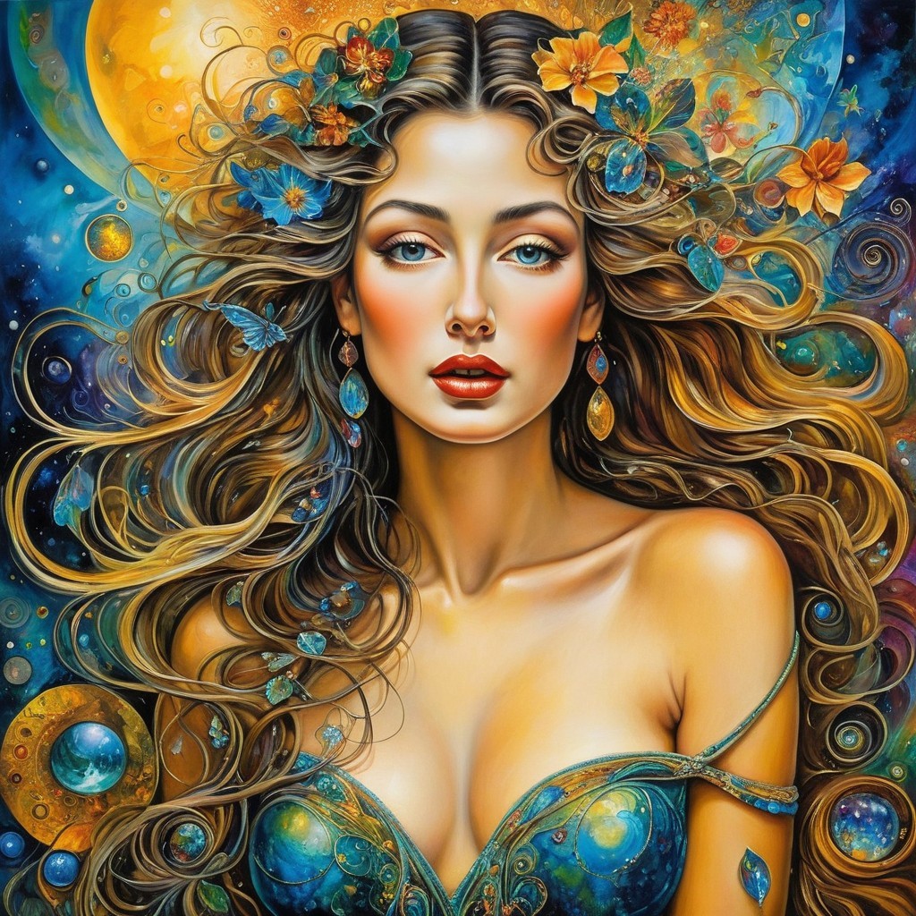 Young woman with celestial motifs and cosmic elements