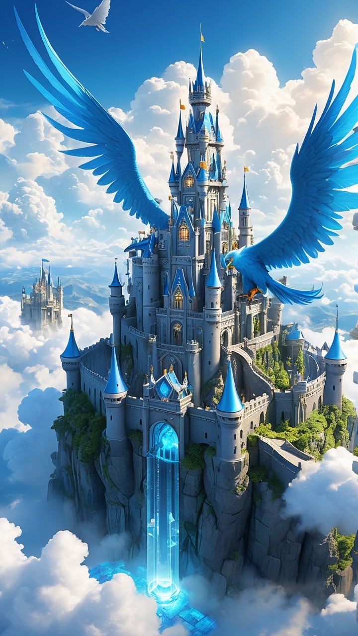 Majestic castle with blue wings and cascading waterfall