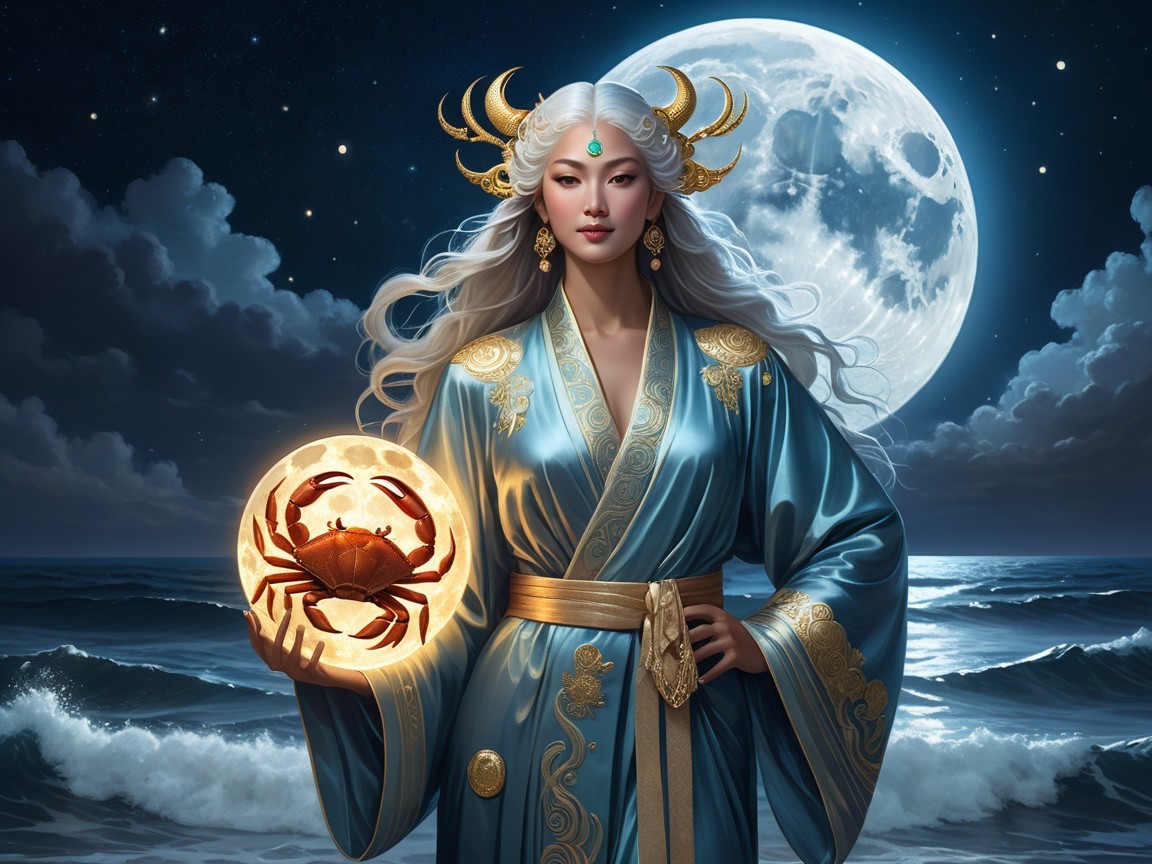 Serene figure in blue robe under a full moon