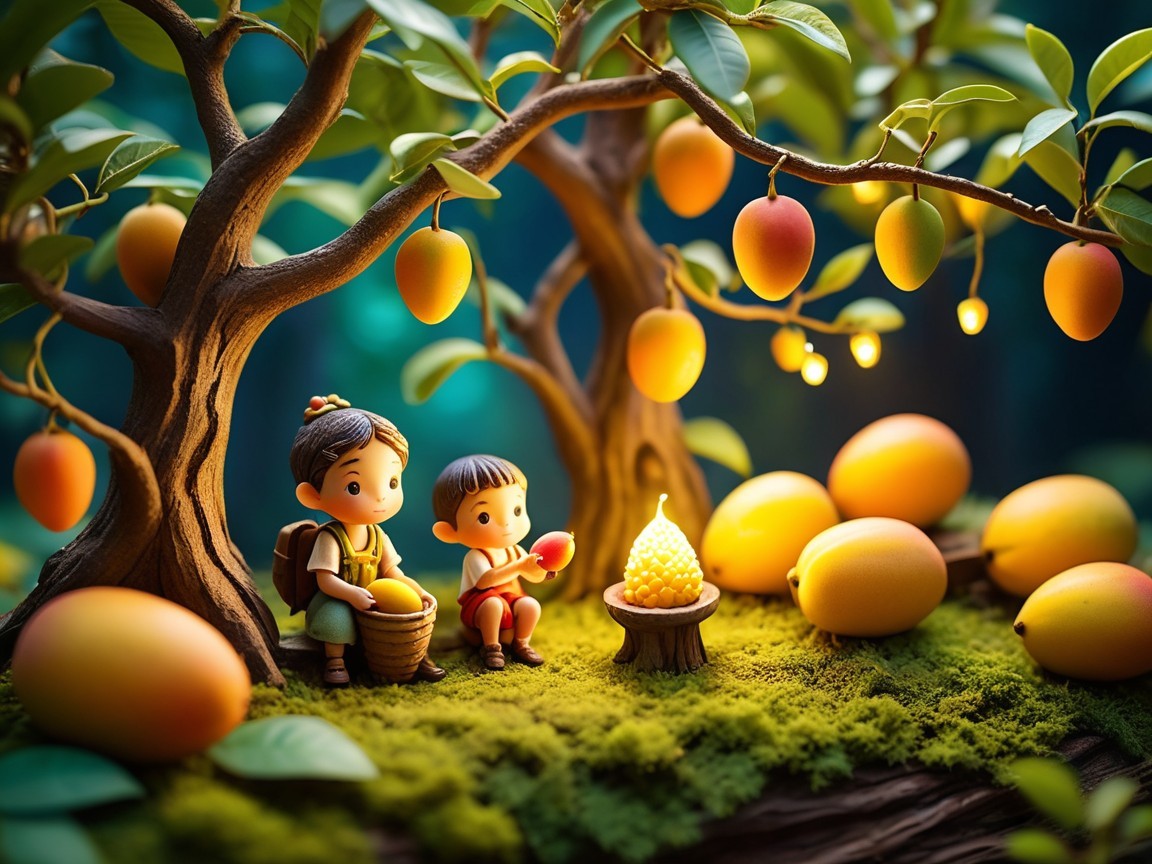 Animated Children Beneath a Lush Mango Tree