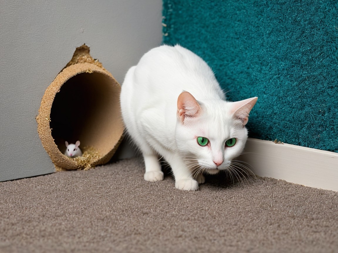 White Cat Stalking Mouse in Cozy Burrow Scene