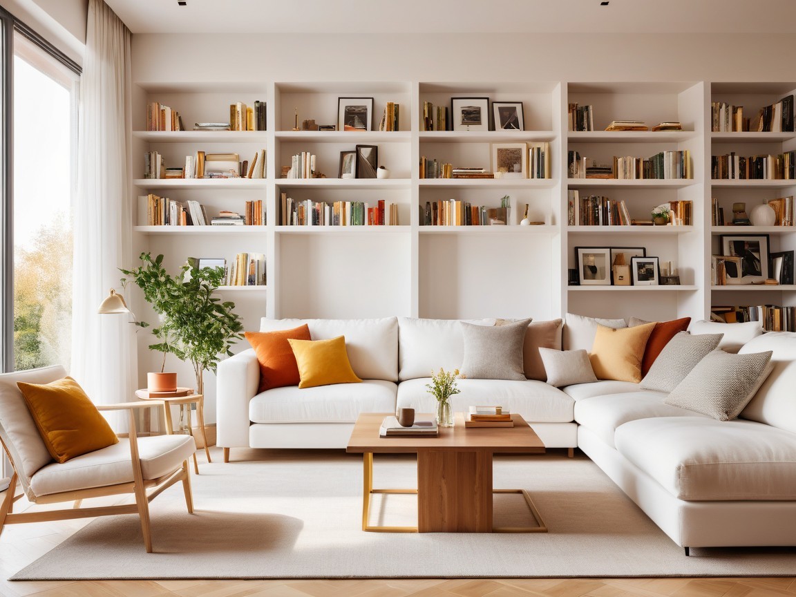 Cozy Living Room with White Sofa and Colorful Decor