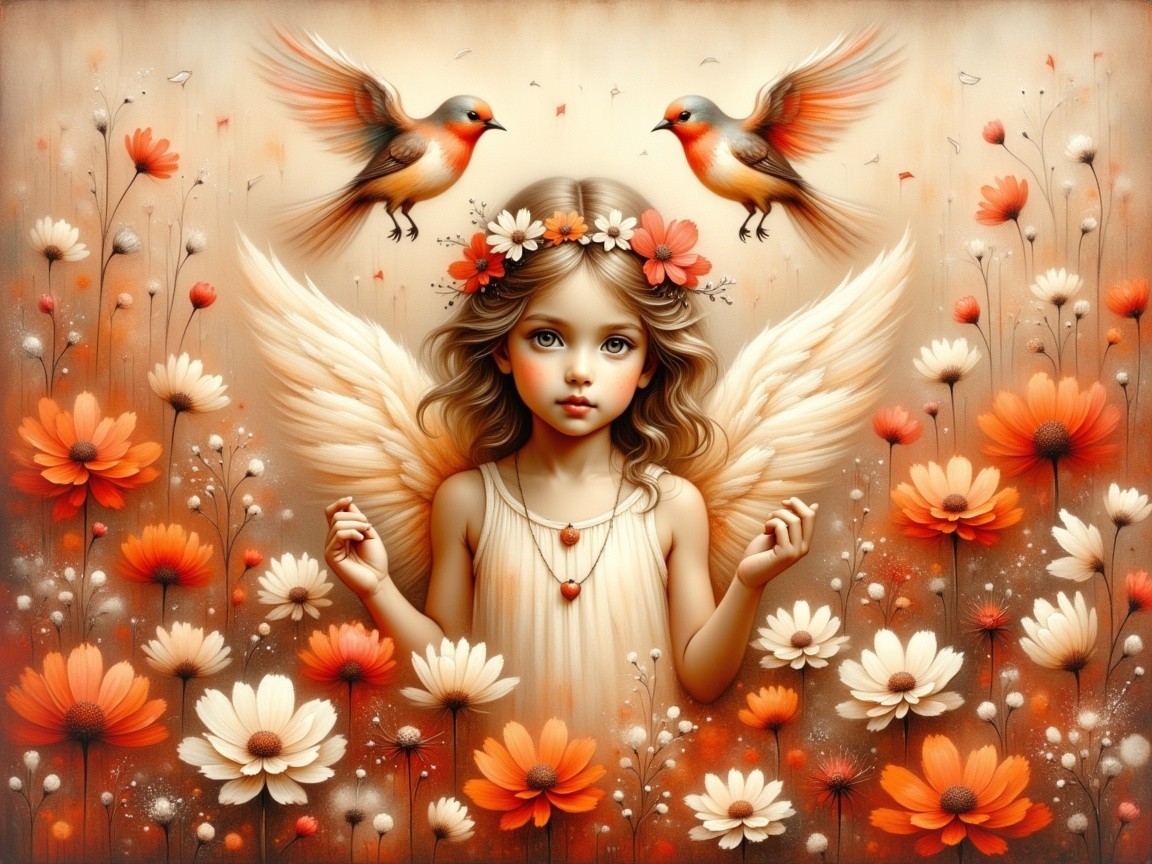 Young girl with angelic wings in floral setting