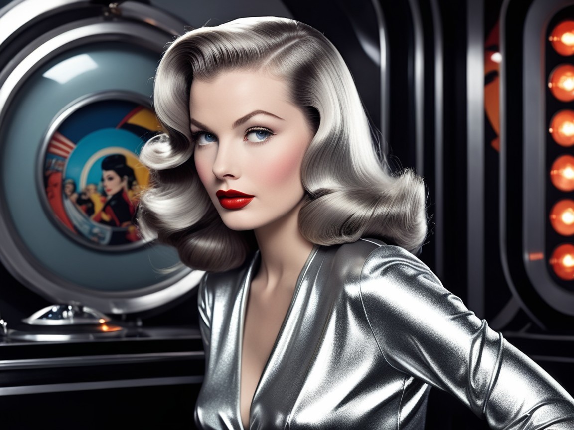 Glamorous Woman in Silver Outfit with Retro Backdrop