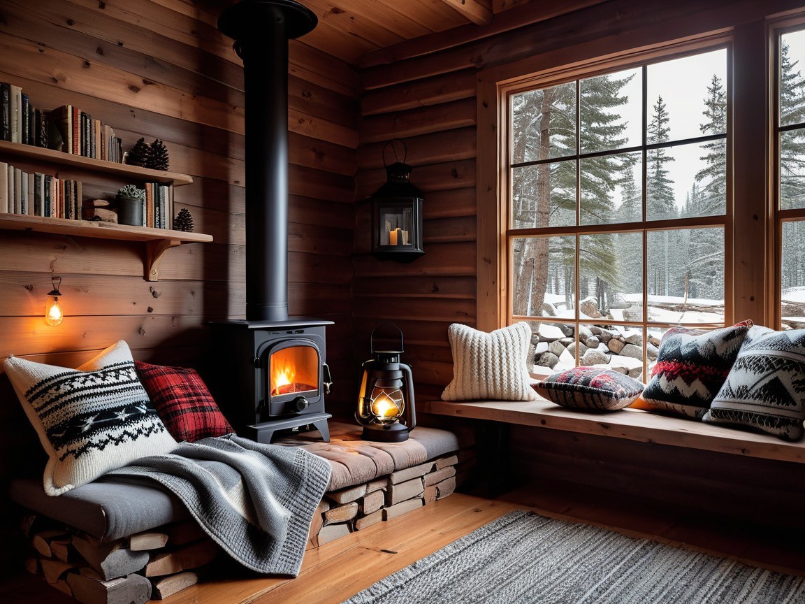 Cozy Cabin Interior with Wood Stove and Winter View