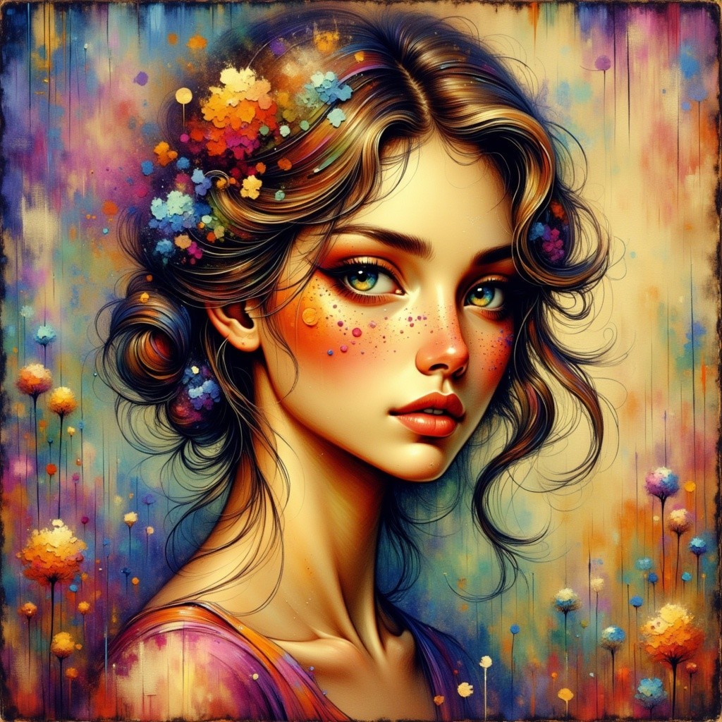 Portrait of a Young Woman with Floral Elements