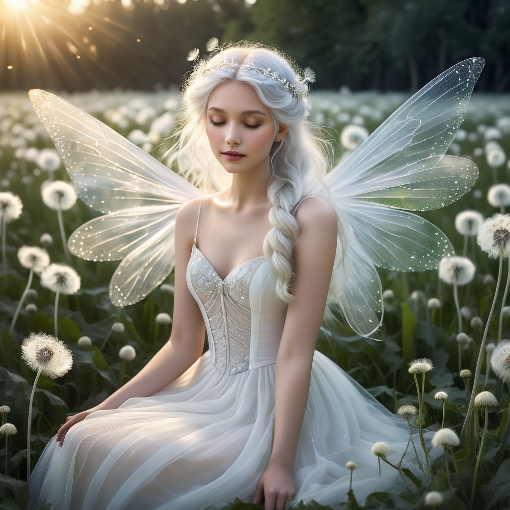 Serene Fairy in Lush Dandelion Field with Wings