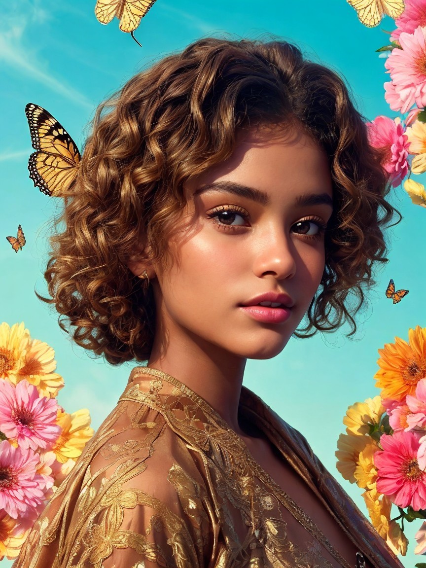Young Woman in Golden Robe Amidst Flowers and Butterflies