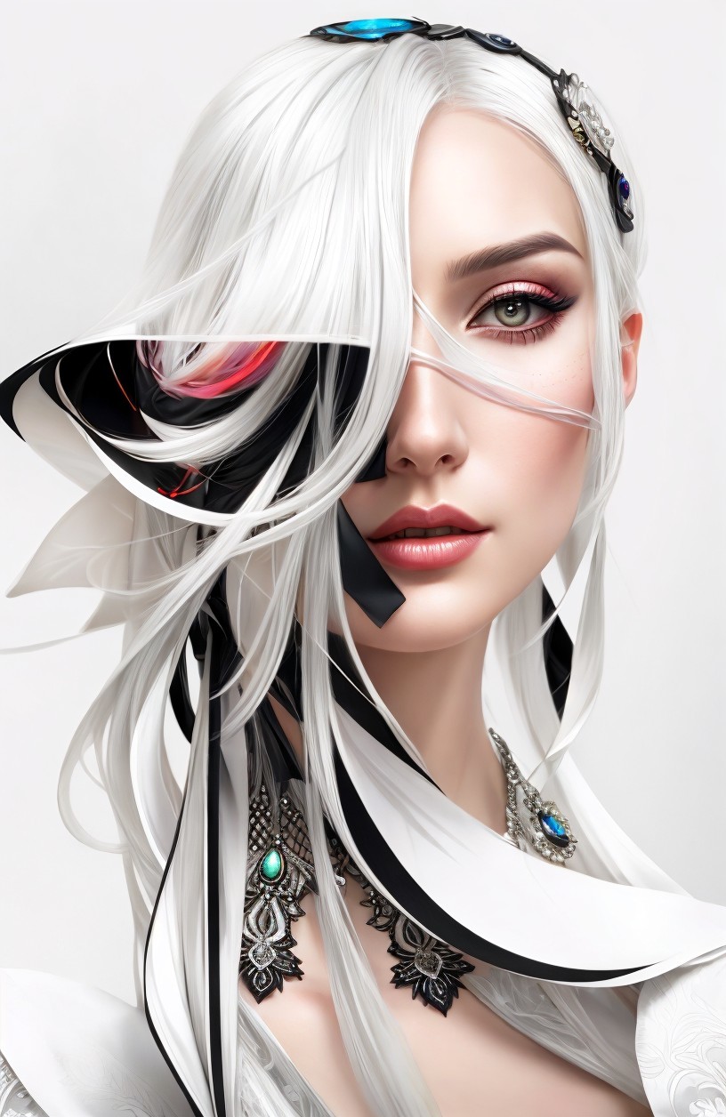 Young woman with white hair and elegant attire