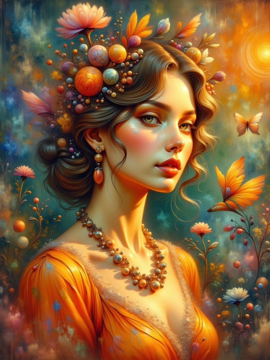 Woman in Floral Crown with Colorful Background