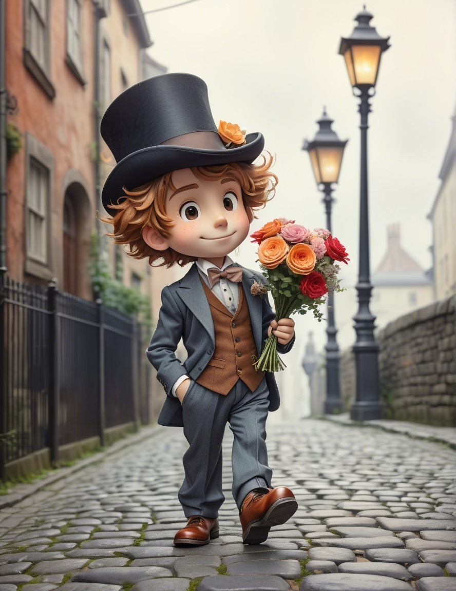 Charming Boy in Stylish Attire on Cobblestone Street