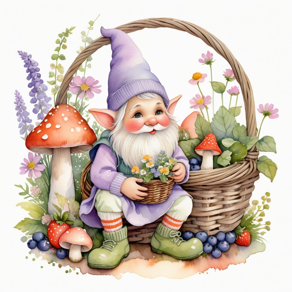 Whimsical Gnome Surrounded by Colorful Flora and Fungi