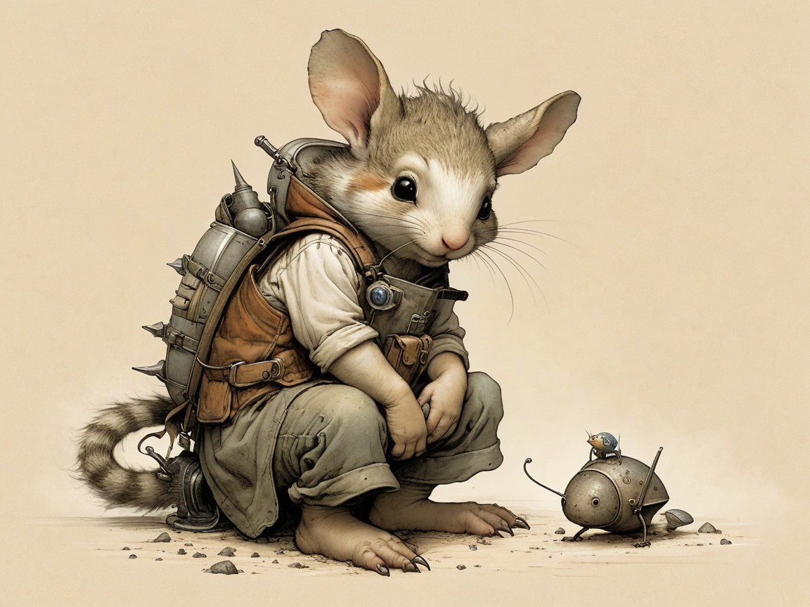 Whimsical anthropomorphic mouse with gadgets and a robot