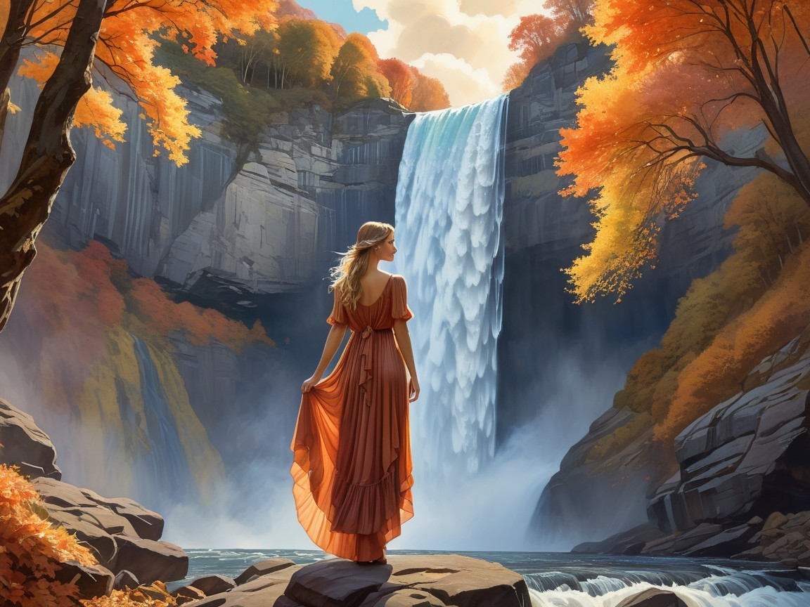 Woman in orange dress by a majestic waterfall scene