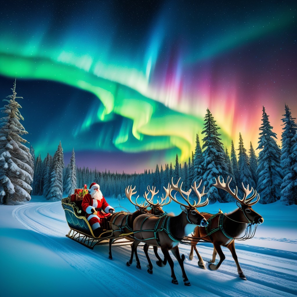Santa Claus in Sleigh with Reindeer Under Aurora Borealis