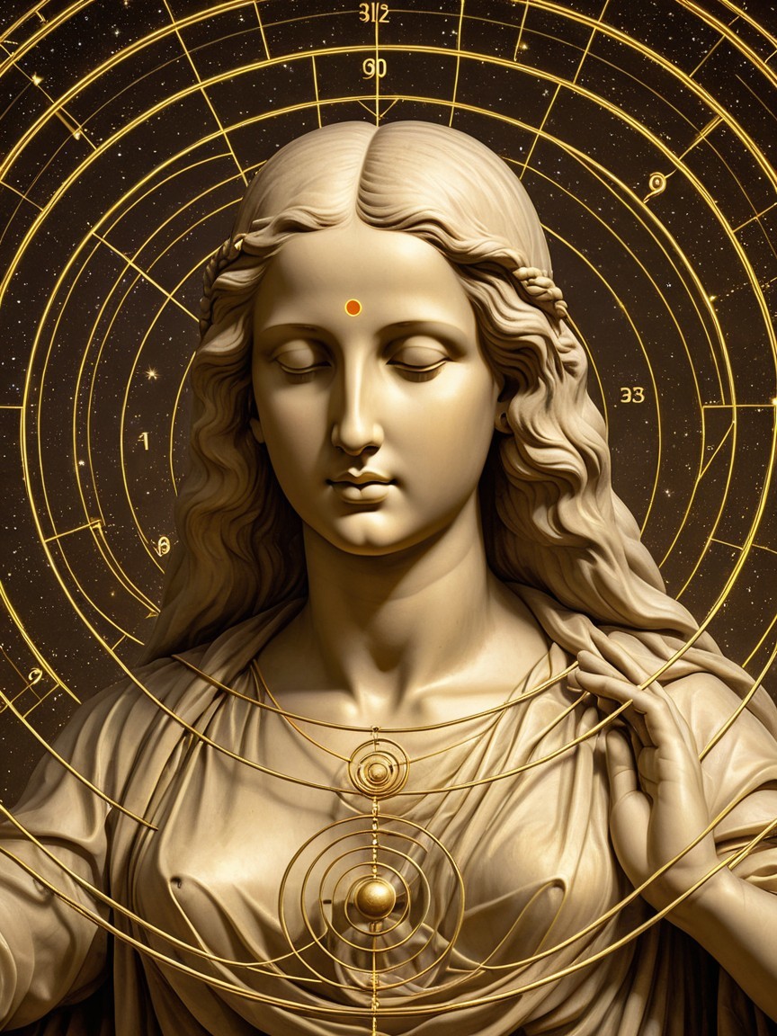 Serene Female Figure with Cosmic Patterns and Symbols