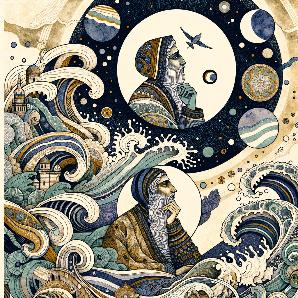 Contemplative Figure Among Waves and Celestial Elements