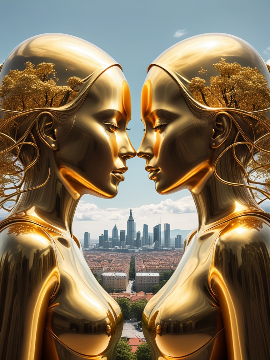 Golden Humanoid Figures with Trees in Urban Skyline