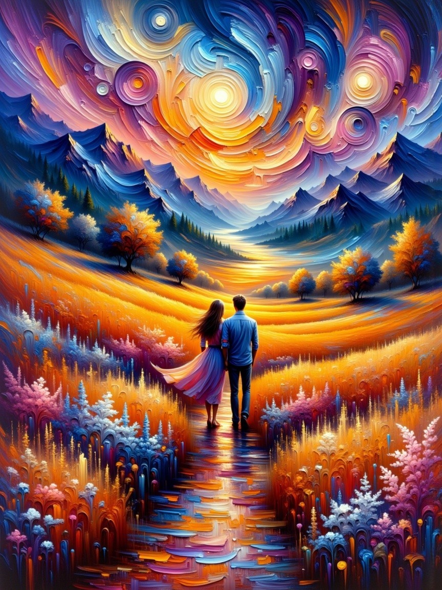 Couple Enjoys Vibrant Sunset Over Scenic Landscape