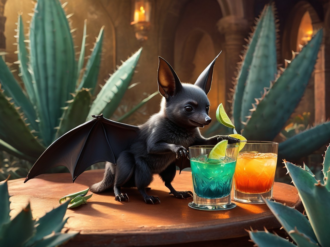 Cartoon Bat with Cocktails in Whimsical Setting