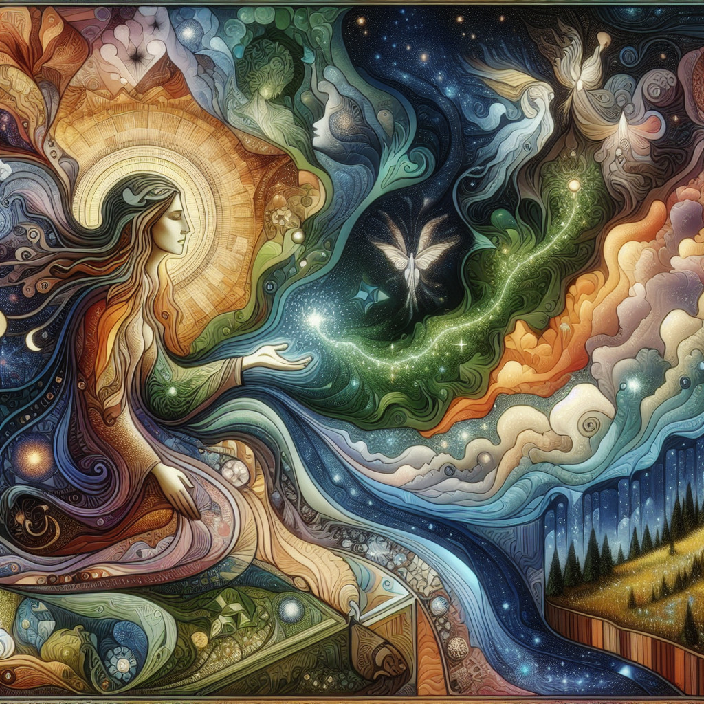 Cosmic Scene with Woman, Colors, and Butterflies