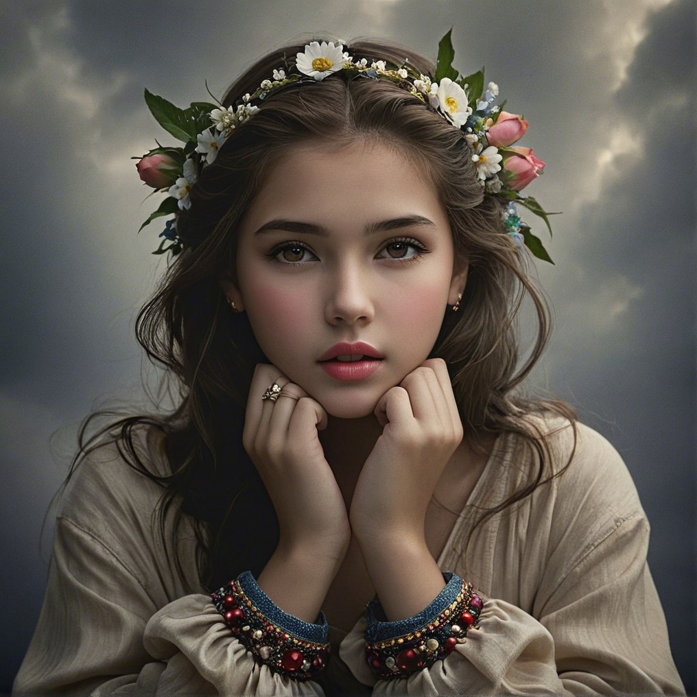 Portrait of a Young Girl in Floral Crown and Blouse