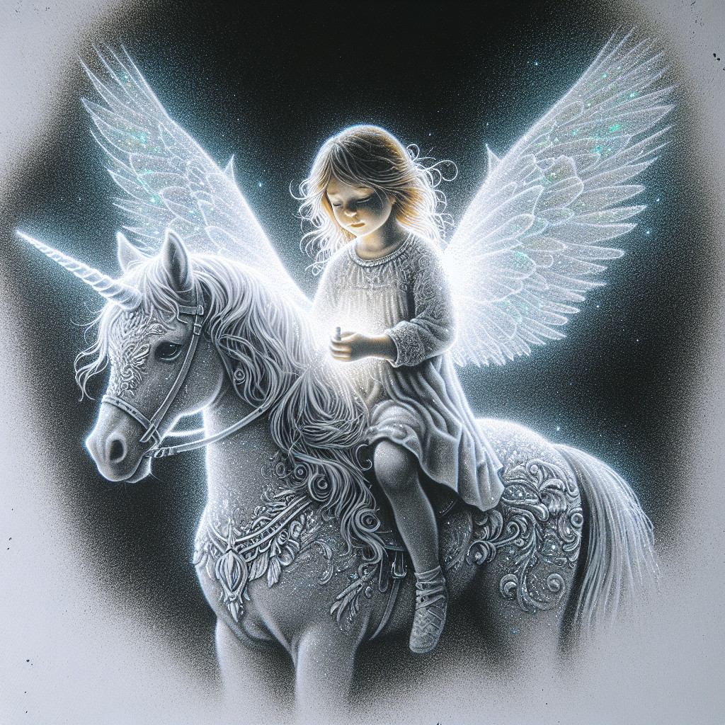 Mixed-Media Illustration of Girl on Unicorn with Wings