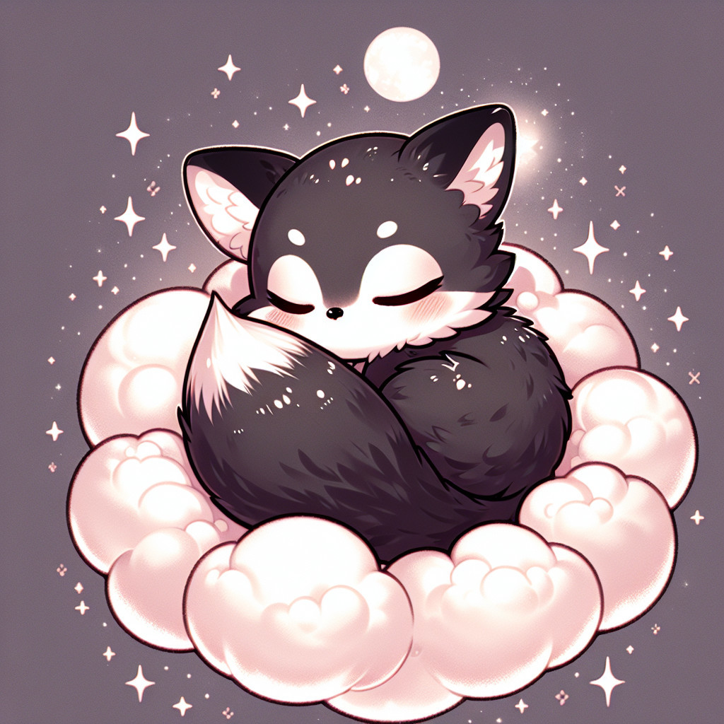 Chibi Fox on Cloud with Stars and Moon Background