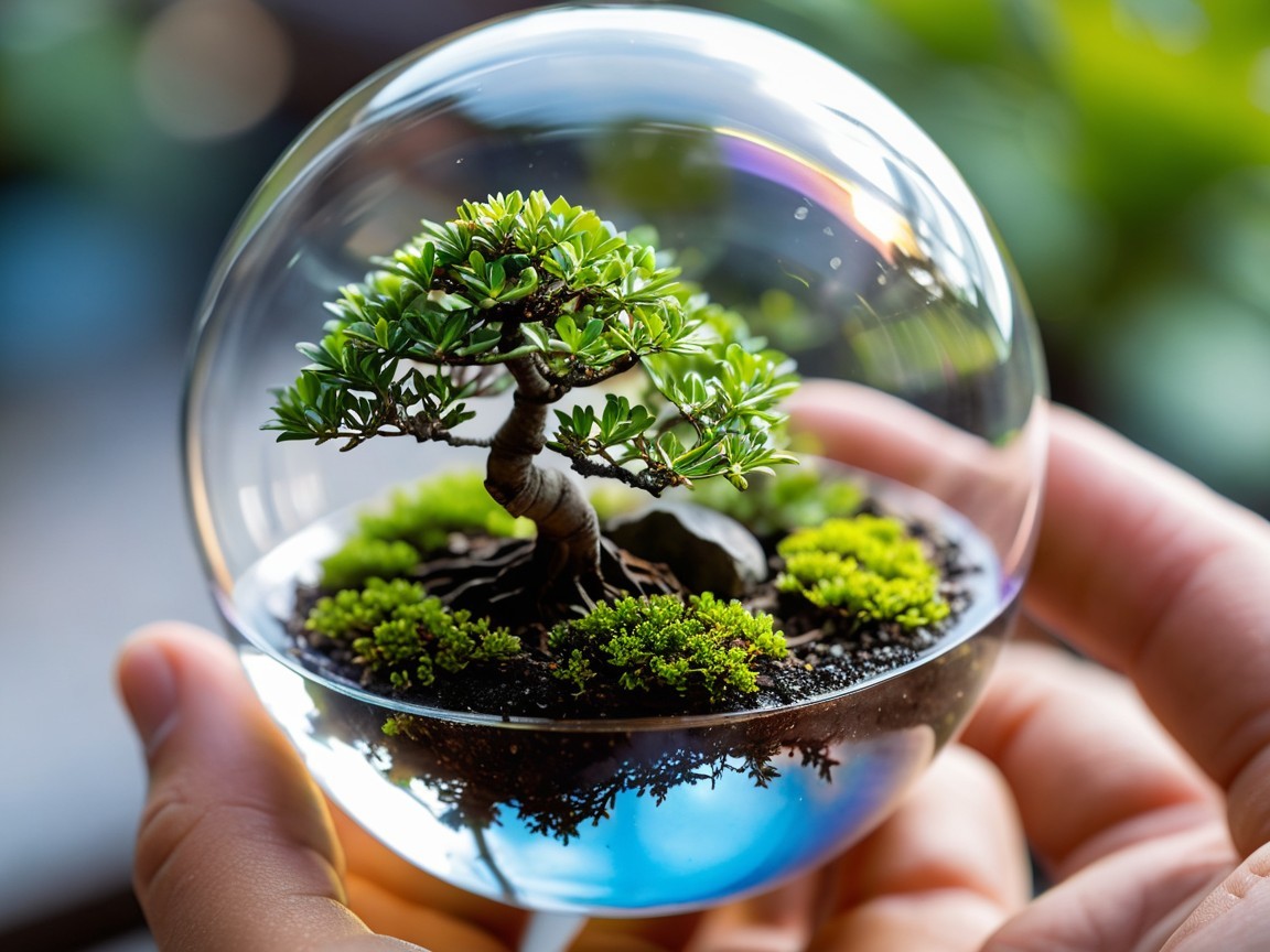 Miniature Bonsai Tree Under Glass Dome Display