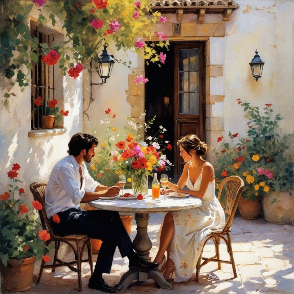 Romantic Outdoor Setting with Couple and Flowers