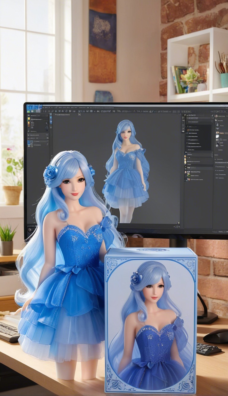 Doll in Blue Dress with 3D Rendering Displayed