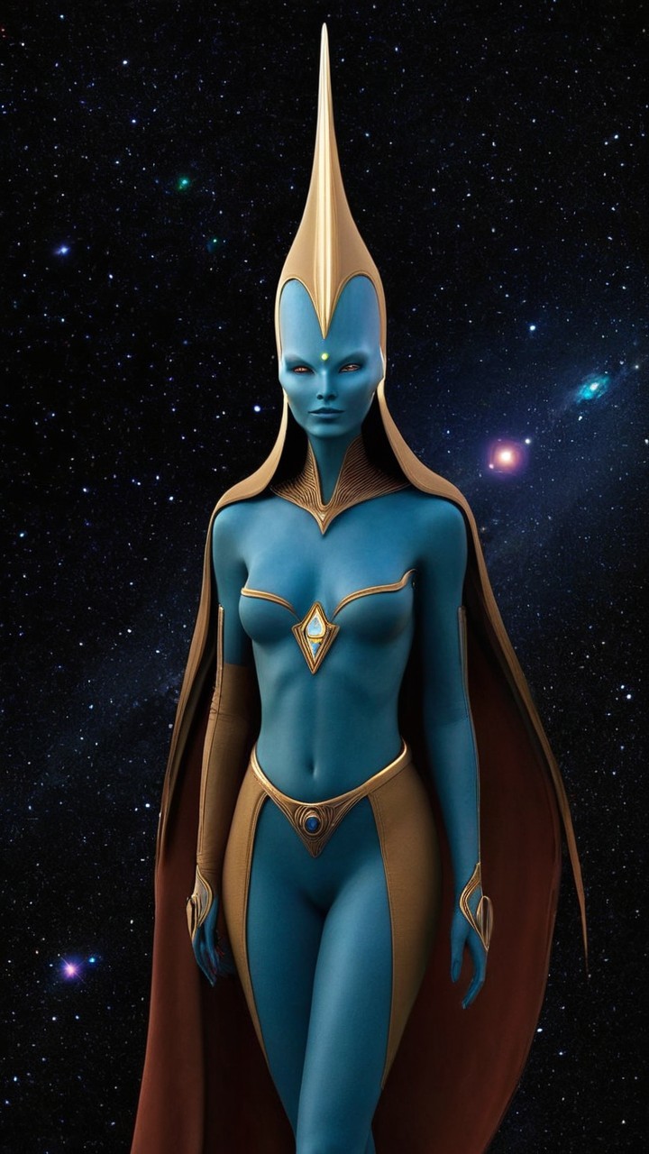 Humanoid Figure with Blue Skin and Cosmic Background