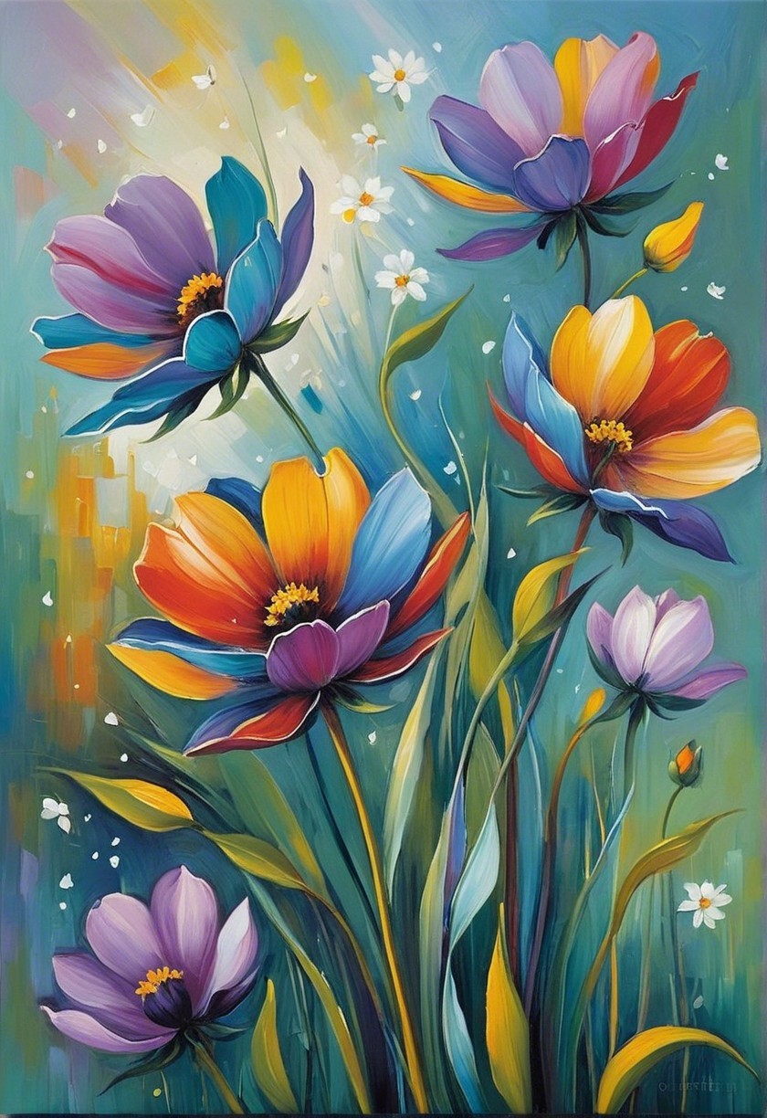 Vibrant Floral Painting with Purple and Orange Blossoms