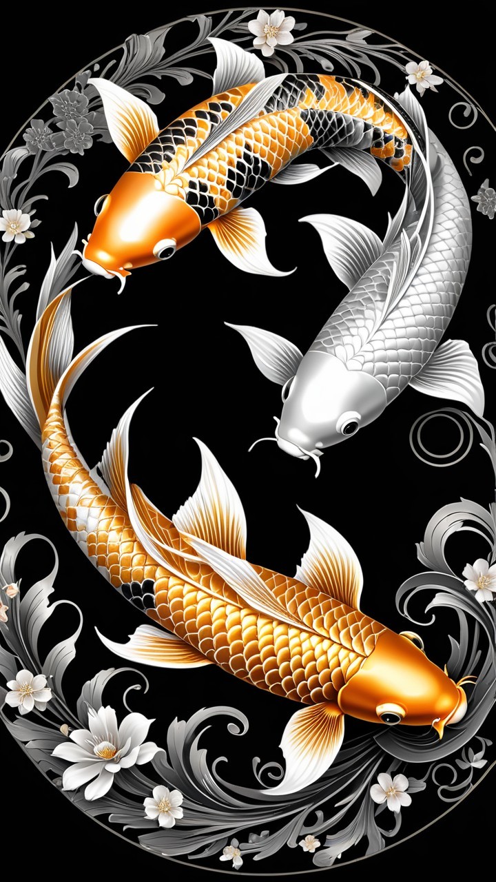 Intricately Designed Koi Fish with Floral Motifs