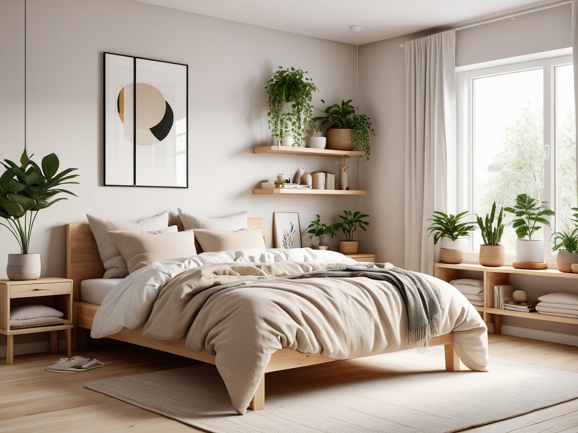 Cozy Minimalist Bedroom with Natural Light and Greenery