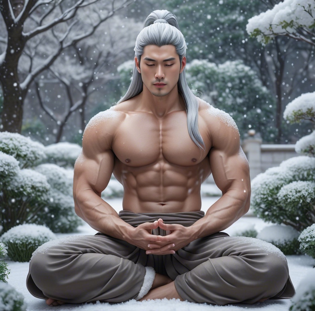 Muscular Man Meditating in Snowy Landscape