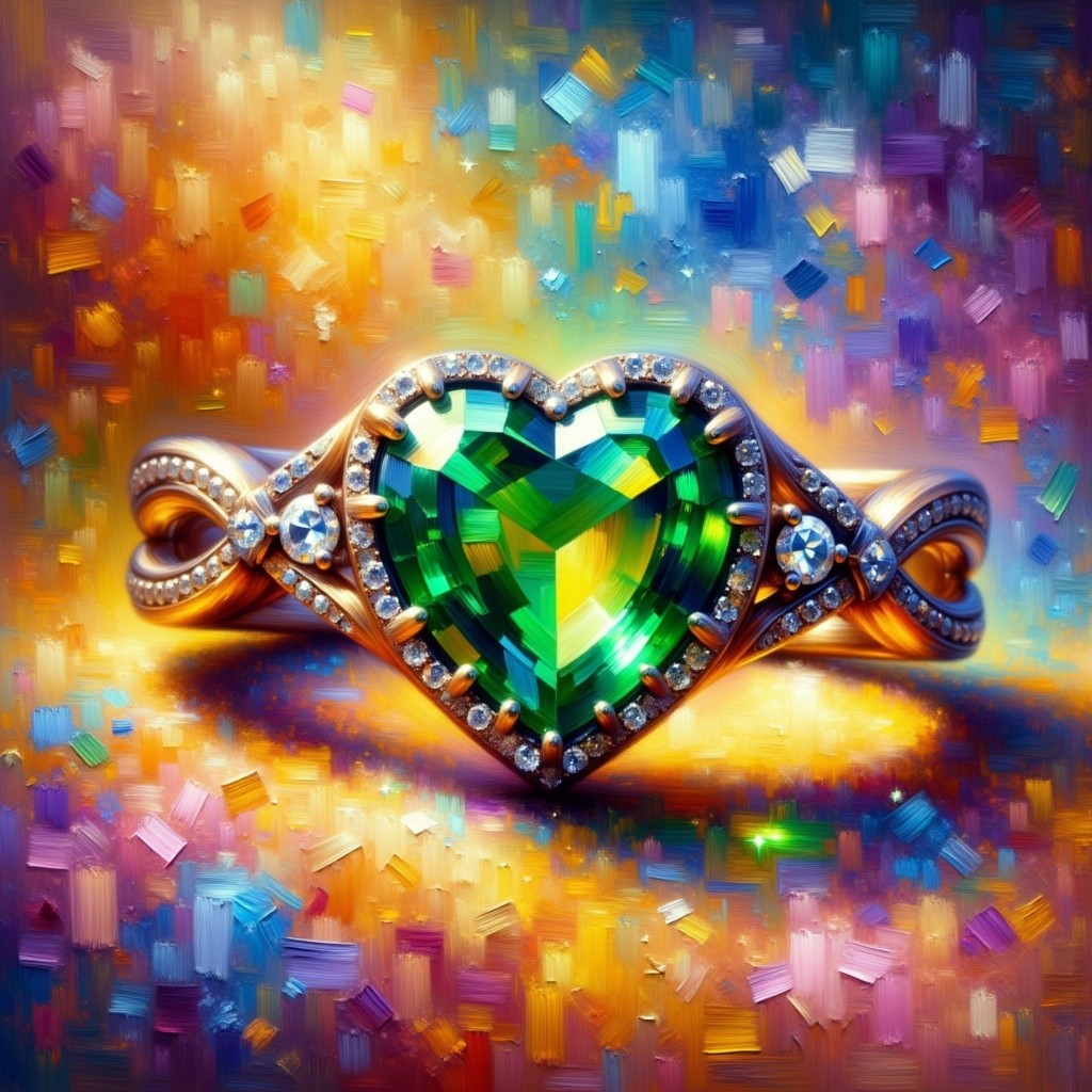 Heart-Shaped Ring with Green Gemstone and Diamonds