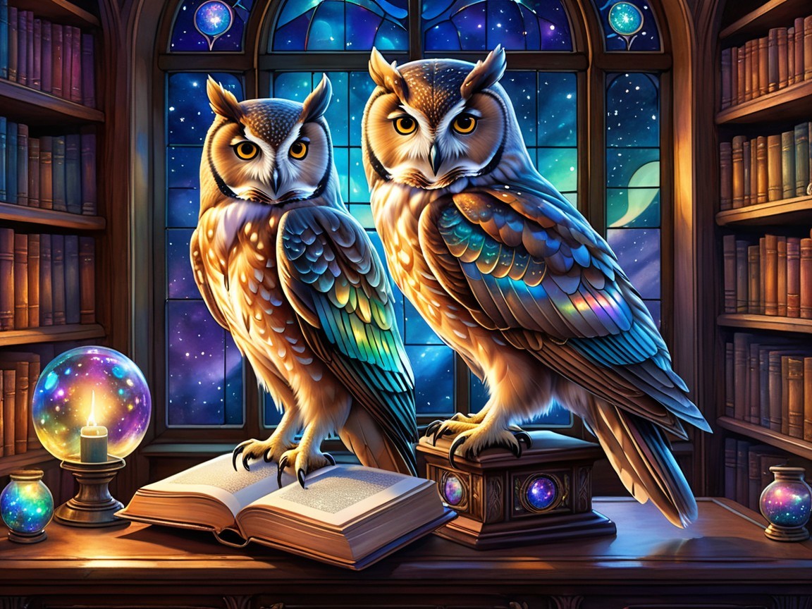 Majestic Owls in a Mystical Library Setting