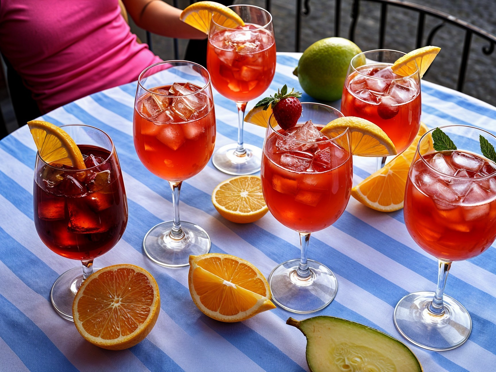 Colorful Cocktails on Blue-Striped Tablecloth