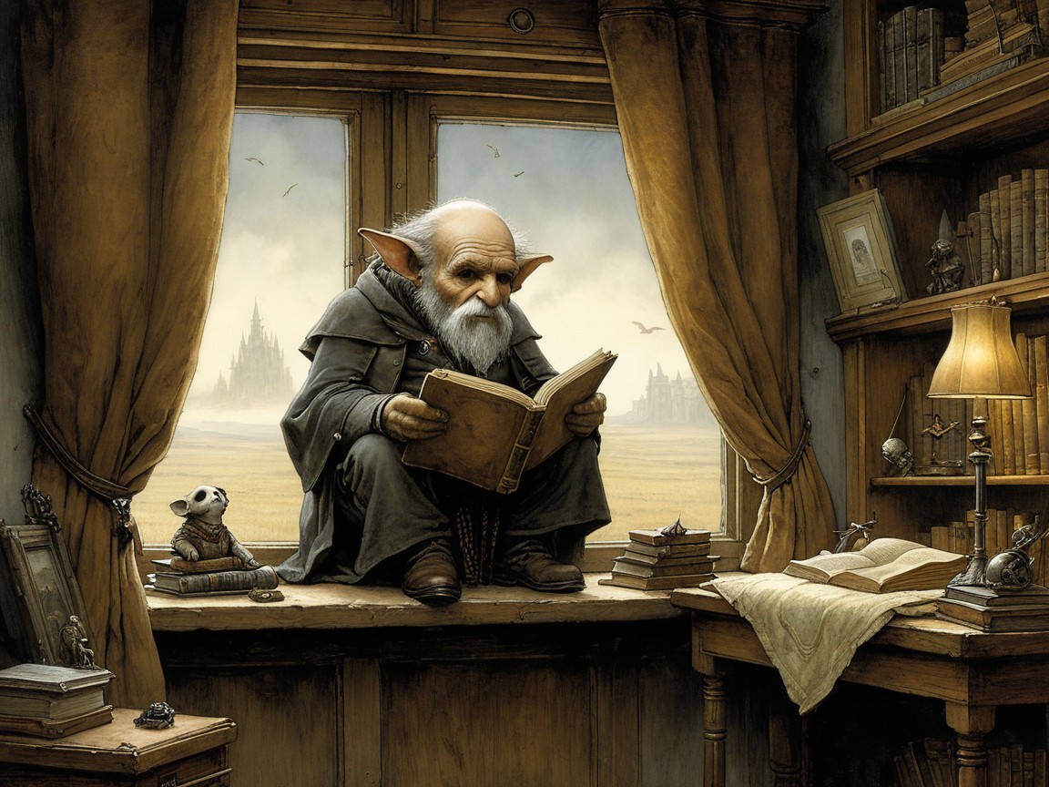 Elderly Goblin Reading in a Cozy Room with Castle View