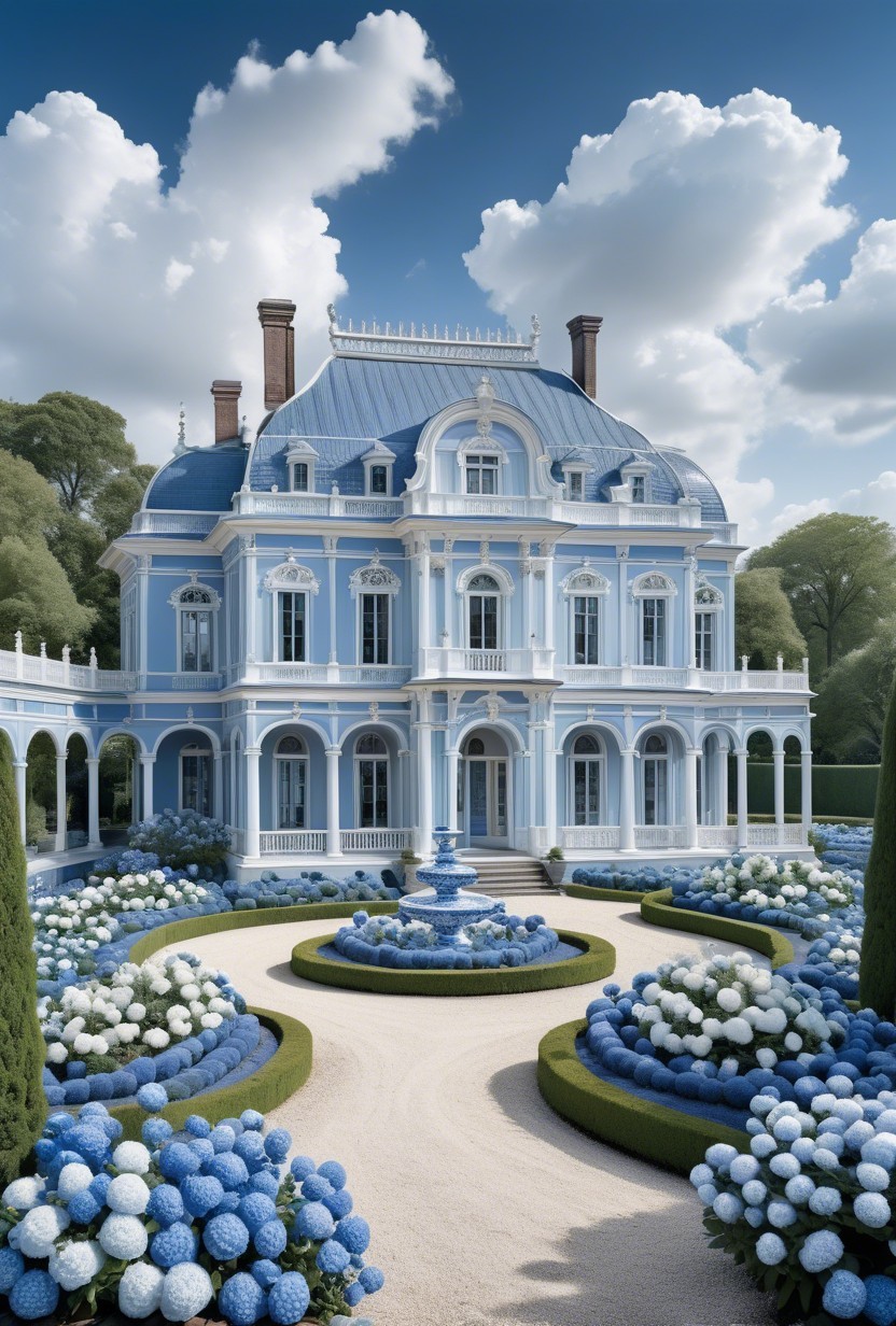 Stunning mansion with light blue façade and gardens