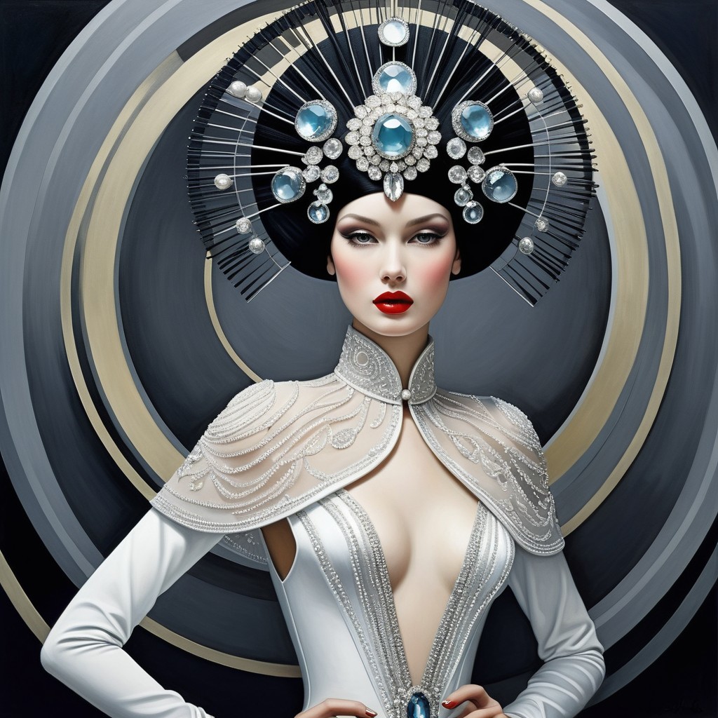 Elegant gown with intricate design and bold makeup