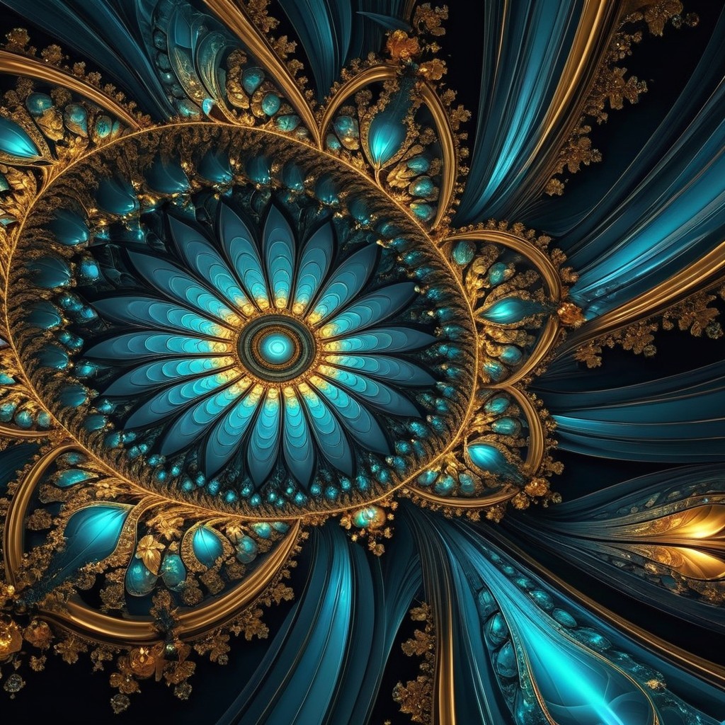Intricate Fractal Design with Blue and Gold Hues
