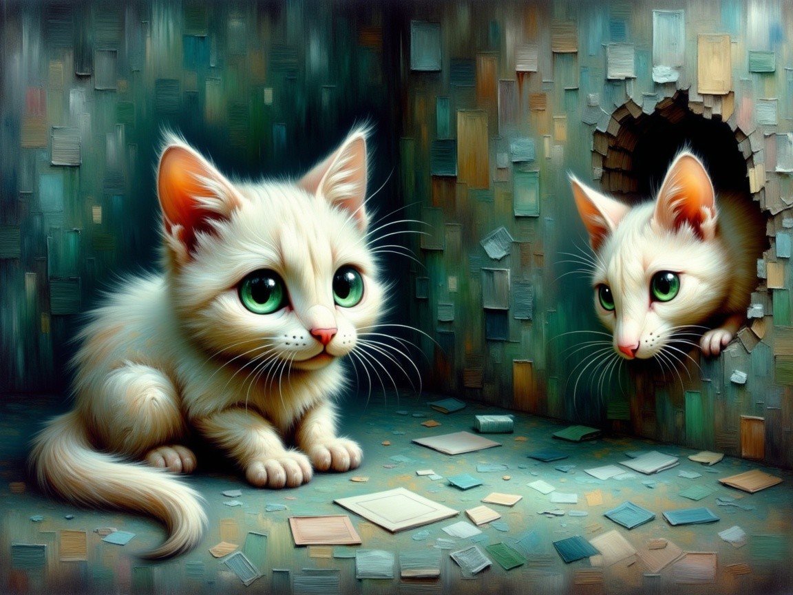 Whimsical Scene with Two Playful White Kittens